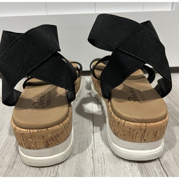 Skechers Luxe Foam Sandals Size 8 Boho Cork Wedge Heel Black Stretchy Straps - Picture 4 of 9
